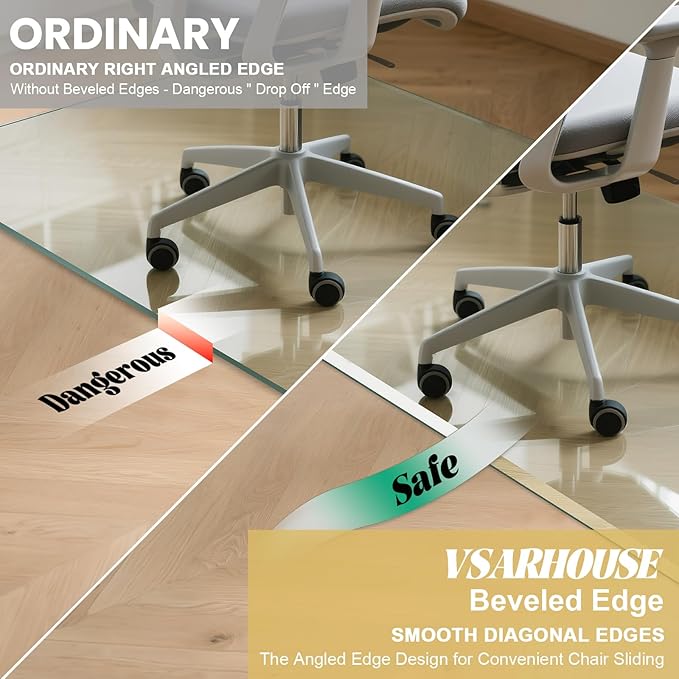 Tempered Glass Chair Mat with Beveled Edge, 46"x36" Heavy Duty Glass Office Floor Mat for Carpets and Hard Floors, with Non-Slip Pads, Easy to Slide, Thick 1/5", Pat No.30004842