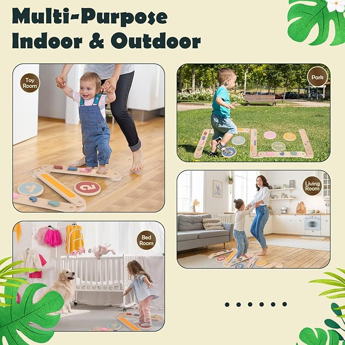 XYMERO Kids Wooden Balance Beam, 6 PCS Toddler Waldorf and Montessori Balance Board, Motor Skill Stepping Toy for Kids 3-5 Years, Gymnastic Obstacle Training Tools