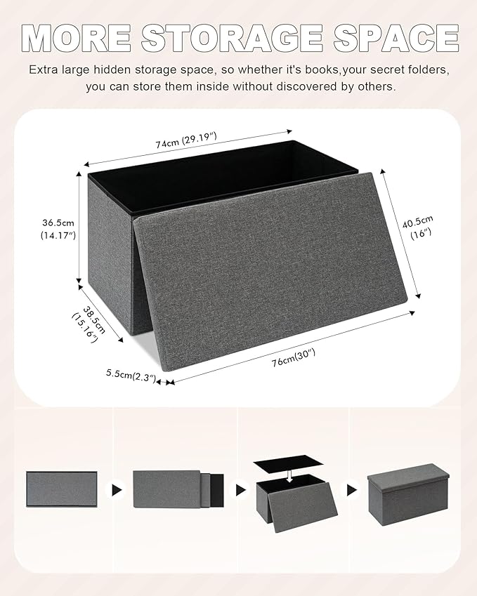 B FSOBEIIALEO Storage Ottoman with Tray, Linen Coffee Table Folding Long Shoes Bench Footstool, Dark Grey 30"x15.74"x15"