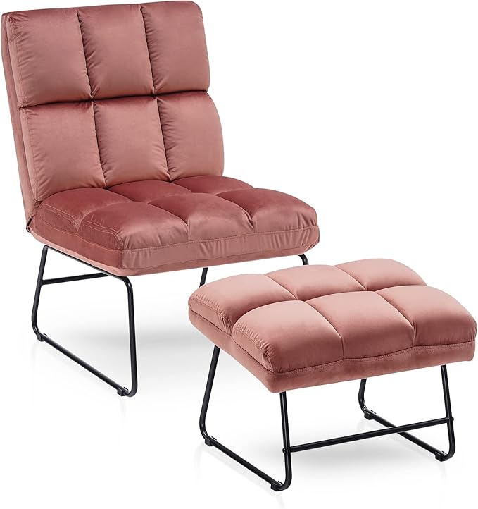 MCombo Velvet Accent Chair with Ottoman Set, Modern Armless Chair for Living Room, Bedroom, Small Space 0014 (Velvet, Pink)