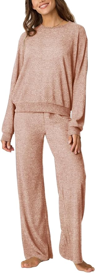 Aamikast Women's 2-Piece Lounge Set Soft Brushed Jersey Sleepwear Pajamas Set Long Sleeve Top & Wide Leg Pants