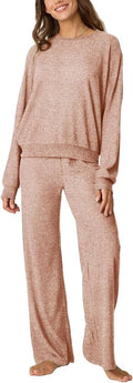 Aamikast Women's 2-Piece Lounge Set Soft Brushed Jersey Sleepwear Pajamas Set Long Sleeve Top & Wide Leg Pants