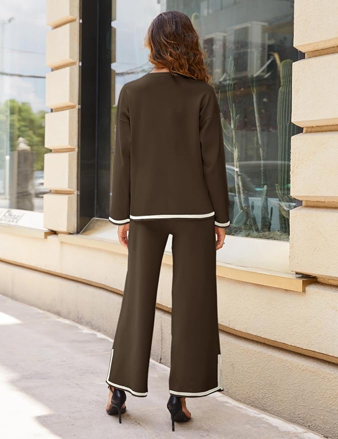 Tanming Women's 2 Piece Outfits Long Sleeve Knit Sweater Top Wide Leg Pants Lounge Sets Tracksuits