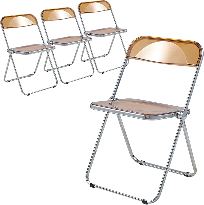 LeisureMod Lawrence Modern Clear Acrylic Folding Chair with Metal Frame, Space-Saving Transparent Seating for Dining Room, Home Office, Bedroom, Vanity or Small Spaces, (Tangerine, Set of 4)