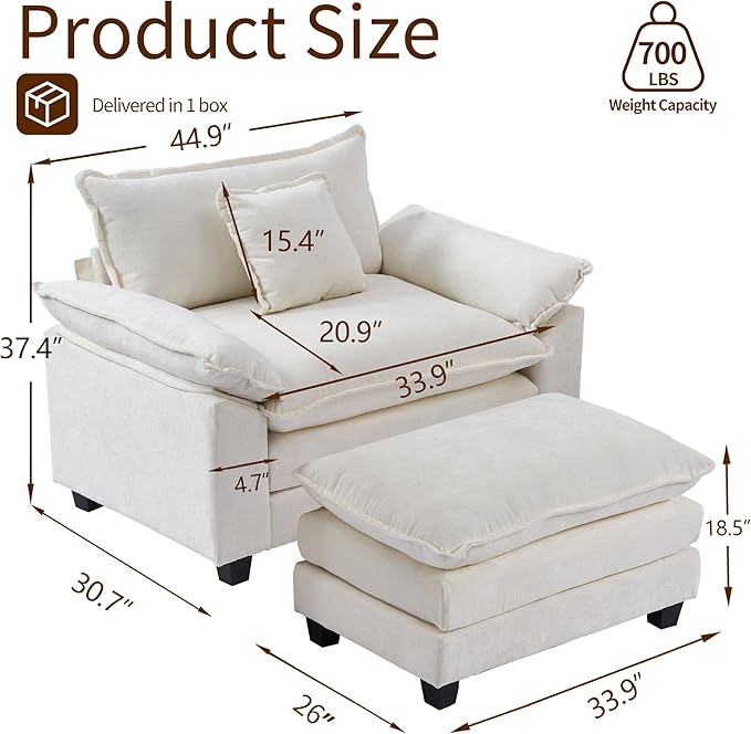 SweetGO corporation 45" Chenille Lounge Chair for Reading, Modern Couch Cozy Sofa Bed, Upholstered Living Room Single Sofa Accent Chair with Ottoman, Beige