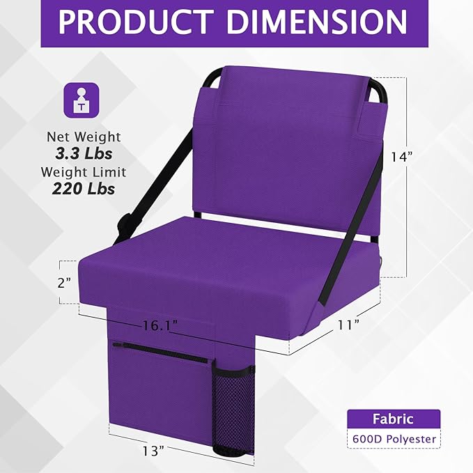 2pcs Stadium Seat for Bleachers with Back Support，Portable Bleacher Chairs with Back and Cushion，Includes Shoulder Strap and Cup Holder