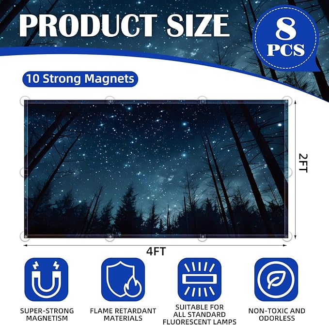 8 Pcs Fluorescent Light Covers - 4 x 2 Feet Covers for Ceiling Lights, Magnetic Light Filters for Classroom, Office, Hospitals, Home (Forests & Starry Sky-2)