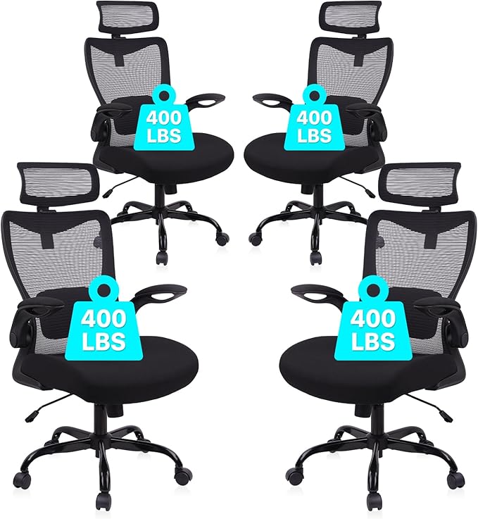 CLATINA Heavy Duty Ergonomic Mesh Office Chair 400LBS, Big and Tall Desk Chair with Adjustable Lumbar Support & Headrest, Flip Up Padded Arms, Swivel Computer Chair for Home, Conference, Black, 4 PACK