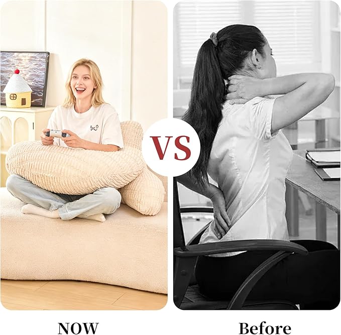 PAJEO Back Pillow for Bed Sitting Up,U Shaped & Back Support Pillow for Bed,19" Backrest with Lumbar & Arm Support,Comfy Corduroy Fabric,Lap Pillow for Gaming/Reading/Watching TV,White