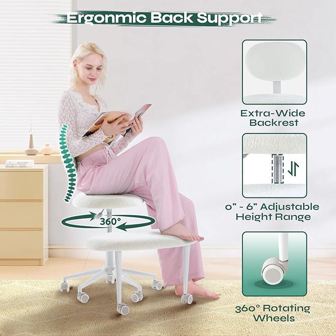 Pinmoco Ergonomic Cross Legged Office Chair with Wheels, ADHD Chair for Adults, Meditation Chair, Yoga Office Chair, Comfortable Back Support, Height Adjustable,Small Spaces, Fleece Fabric, Beige