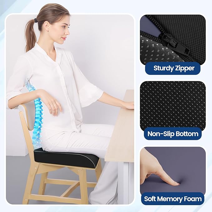 SweetSlubr Seat Cushion for Tailbone Pain Relief, Office Chair Cushion, Memory Foam Large Chair Cushion with Non-Slip Cover for Soft Support at Office Chair, Car Seat, Airplane Black/Large