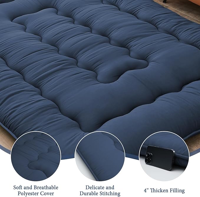 DAICO Japanese Floor Mattress, 4'' Thicken Futon Mattress Tatami Mat, Sleeping Pad Foldable Roll Up Mat for Camping and Guest Room, Full Size 54''*80'', Navy