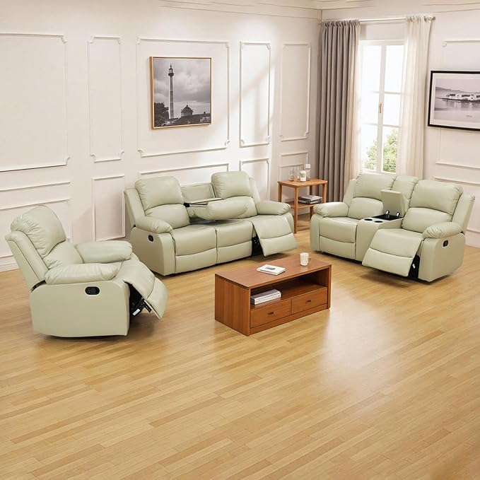 Caberryne Leather Recliner Sofa Set，Leather Reclining Couch for Living Room Furniture Sets，Beige Recliner Couch with 5 Recliners for Living Room/Office/Theater Seating(Sofa Set 3 Pieces)