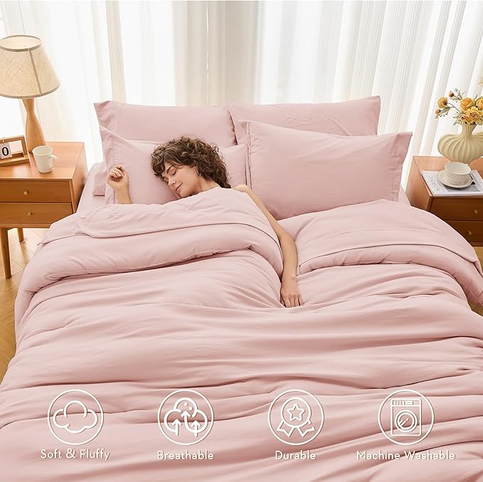 MUXHOMO 7 Pieces Queen Comforter Set, Soft Bed in a Bag Queen Size, All Season Bedding Set with Comforter, Flat Sheet, Fitted Sheet, Pillowcases & Shams, Pink