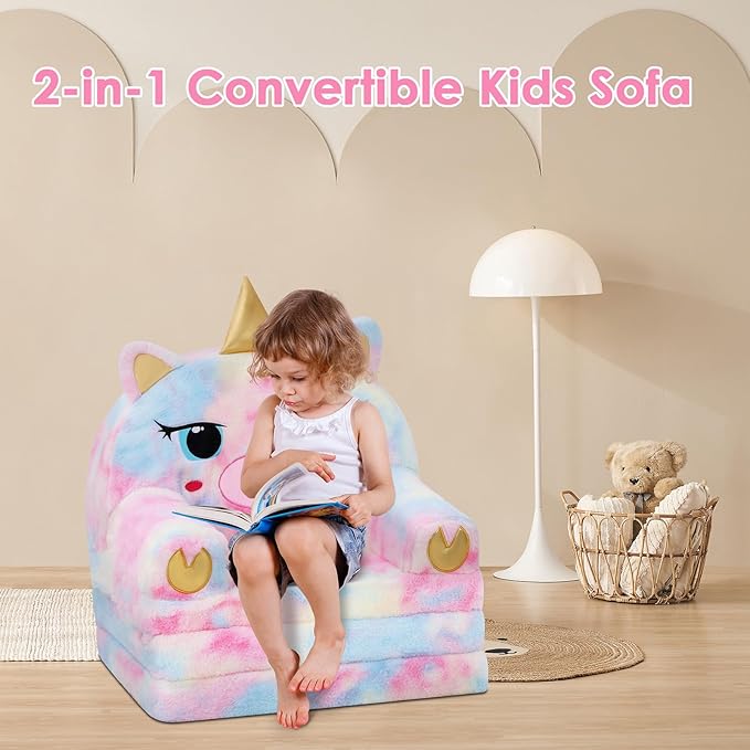 decalsweet Kids Couch Comfy Foldable Kids Sofa to Lounger 2 in 1 Toddler Chair Plush Baby Sleeper Chair for Playing and Napping, Birthday Gifts for Boys and Girls