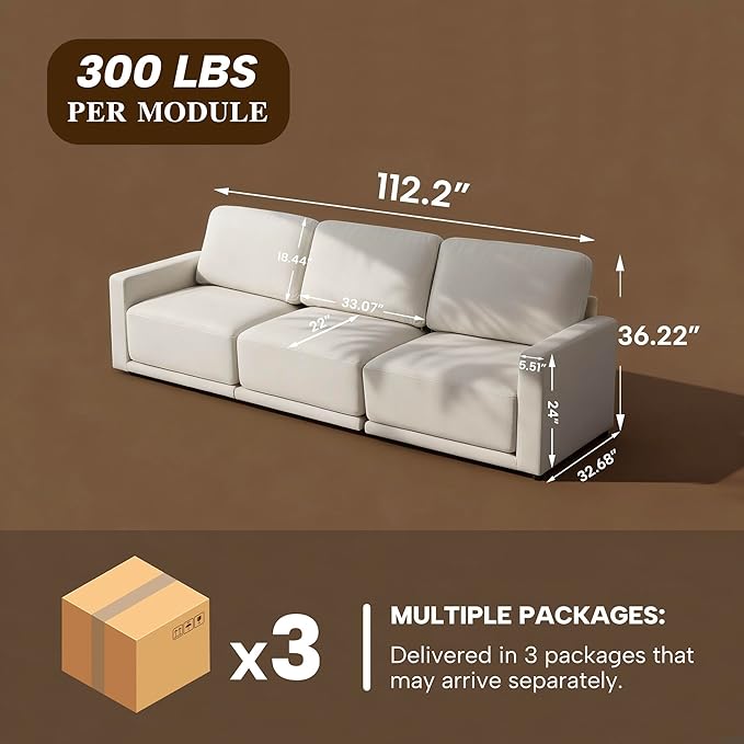 CAPCAPA Modular Sectional Couchs for Living Room, Modern Sofa Chenille Sofa Set for Apartment Home Furniture (Beige, 3 Seater)