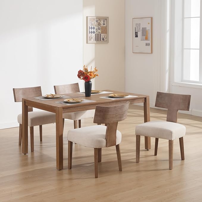 DM Furniture Linen Dining Chairs Set of 6 with Natural Wood Legs, Farmhouse Upholstered Side Chair with Curved Backrest for Living Room/Restaurant, Beige