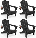 KINGYES Folding Adirondack Chair Set of 4, HDPE All-Weather Patio Chairs with Cup Holder, Wooden Textured Fire Pit Chairs for Poolside, Backyard, Deck, Black