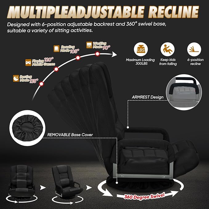 Swivel Gaming Chair 360 Degree Multipurpose 2PACK Floor Chair w/Armrest & 6 Adjustable Postions Backrest for Adults & Kids, for Reading, Gaming, Watching, Relaxing, Black