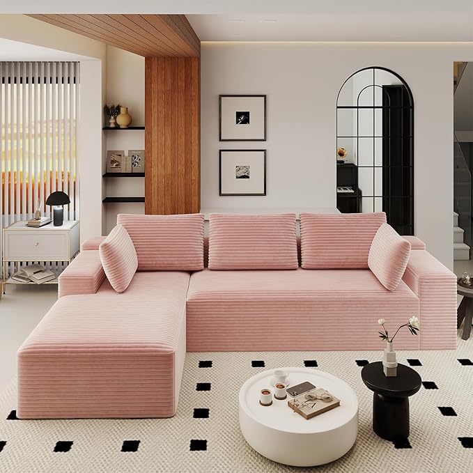 KAPEETOO Modular Sectional Sofa Cloud Couch for Living Room, L Shaped Boneless Couch with Chaise Longue, Oversize 3-Seater Sectional Sleeper Sofa Set with Deep Seat Bedroom (Left Chaise Pink)