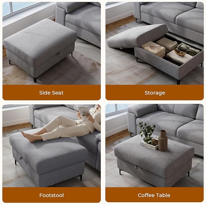 Upvilla 35" Large Storage Ottoman for Living Room, 7.8" Deep Seat Rectangular Ottoman Foot Rest for Couch, Chenille Storage Footstool Load 350 lb （Light Gray