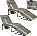 KingCamp 2 Pack Tanning Chair with Face Hole, Lounge Chairs Outdoor Folding Comfy Adjustable 5-Position Foldable Chaise Chaser Lounger for Outside Beach Patio Sun Bathing Pool, Grey/White
