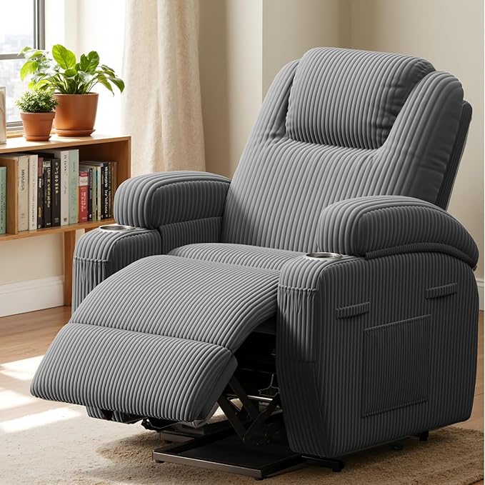 Flamaker Power Lift Chair Massage Recliner Chairs for Elderly, Corduroy Ergonomic Design with Cup Holders & Side Pockets, Remote Control (Dark Gray)