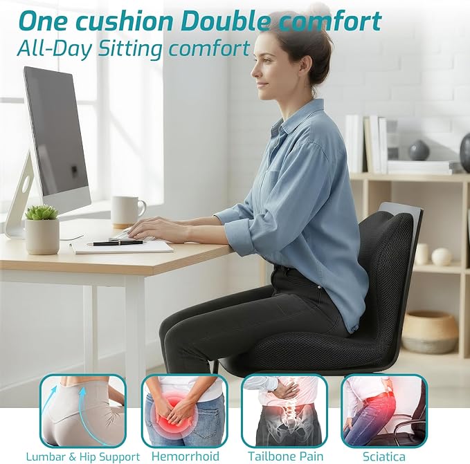 Memory Foam Seat Cushion,Office Chair Cushion with Lumbar Support for Back Pressure Relief,Sciatica,Car Seat Cushion with Adjustable Strap,Hip Pad Cushions for Car,Truck,Desk (D-Black+Mesh Cloth)