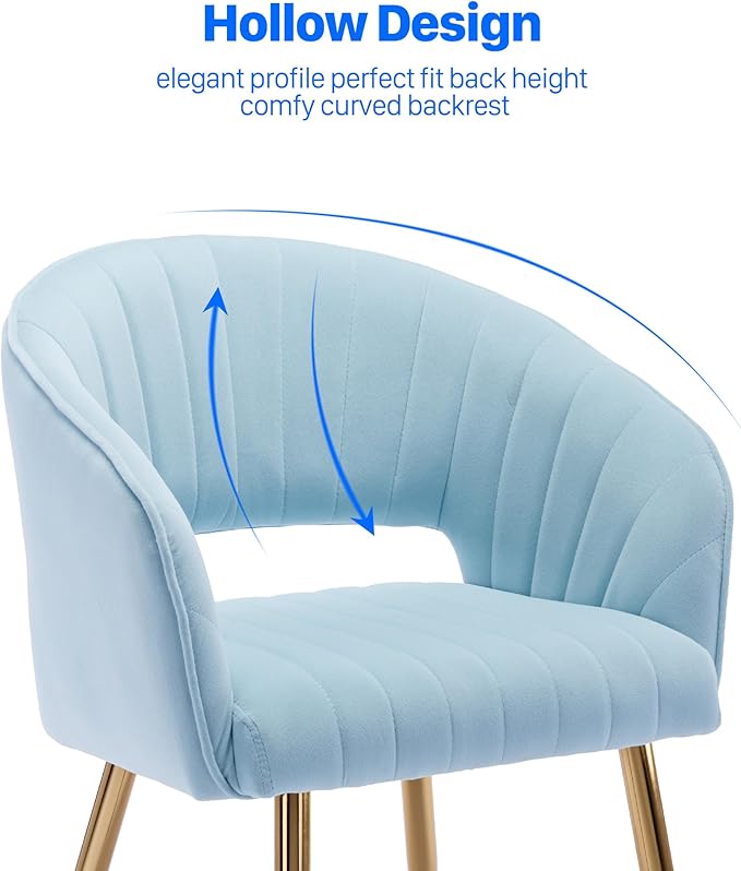 KCC Modern Velvet Desk Chair Accent Armchair Upholstered Tufted Chairs Dining Chairs, Tufted Vanity Chairs Side Chair with Gold Metal Legs for Dining Room Living Room Restaurant, 1 PC & Baby Blue