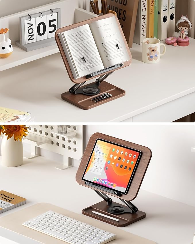 Viozon Book Stand for Reading, Book Holder 360° Rotating Base with Pen Slot, Foldable Reading Display Stand with Elastic Page Clips for Cookbook, Recipe, Textbook, Tablet, Laptop.
