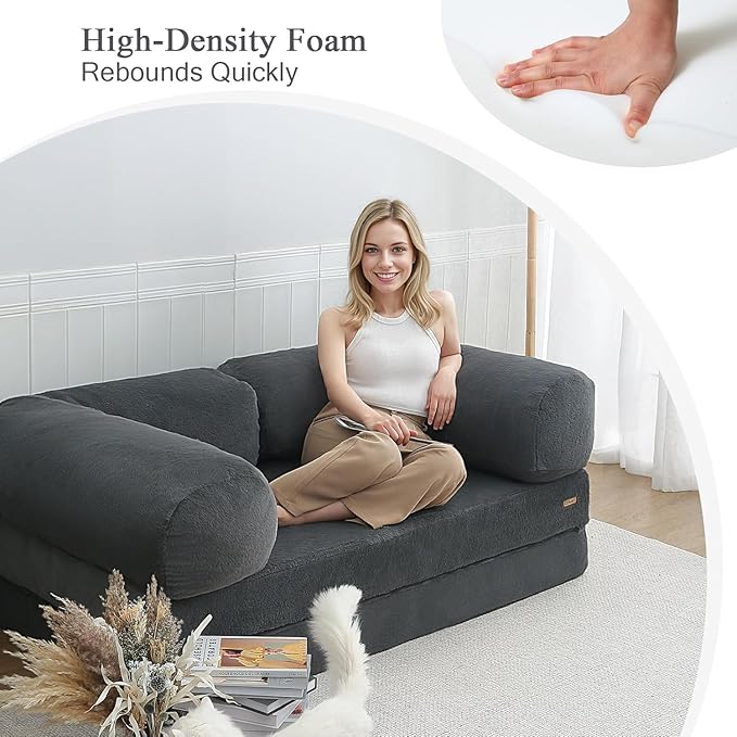 COMAX Folding Sofa Bed Queen, Foldable Couch Bed, Fold Out Futon Chair Sleeper for Adults, Convertible Floor Mattress Sofa for Bedrooom Living Room Guest Room, Faux Fur Dark Grey