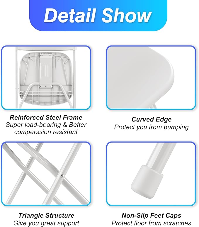 Allpop 5 Pack Plastic Folding Chair, 300lb Capacity, Portable Commercial Chair with Steel Frame for Home Office Wedding Party Indoor Outdoor Events, Stackable, White