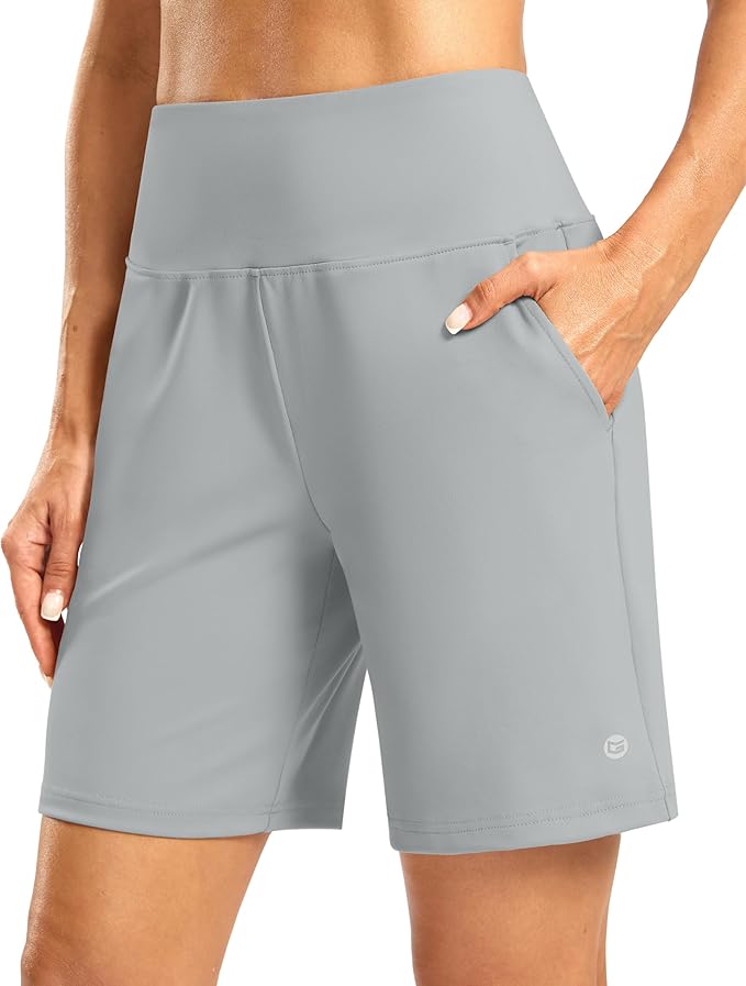 Women's Athletic Shorts with Zipper Pocket 7" High Waisted Stretchy Bermuda Shorts for Women Workout Running Casual