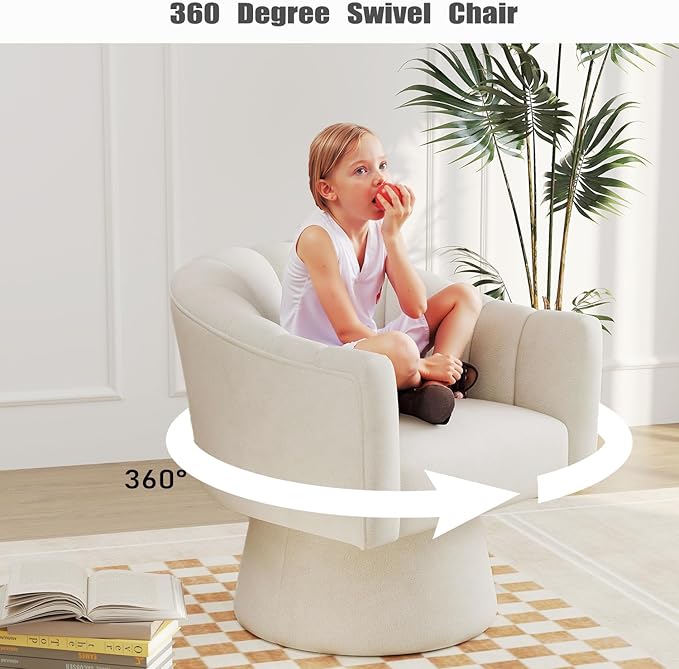 Swivel Accent Chair,Upholstered Velvet 360° Swivel Barrel Chair for Living Room Overstuffed Bouncle Reading Chair Round Armchair for Bedroom,Vanity,Office(Beige)