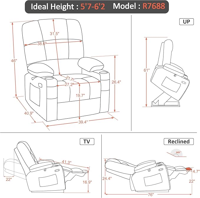MCombo Oversized Dual Motor Power Lift Recliner Chair Sofa with Massage and Heat for Big Elderly People, Infinite Position, USB Ports, Fabric R7688 (Beige, Large-Oversize)