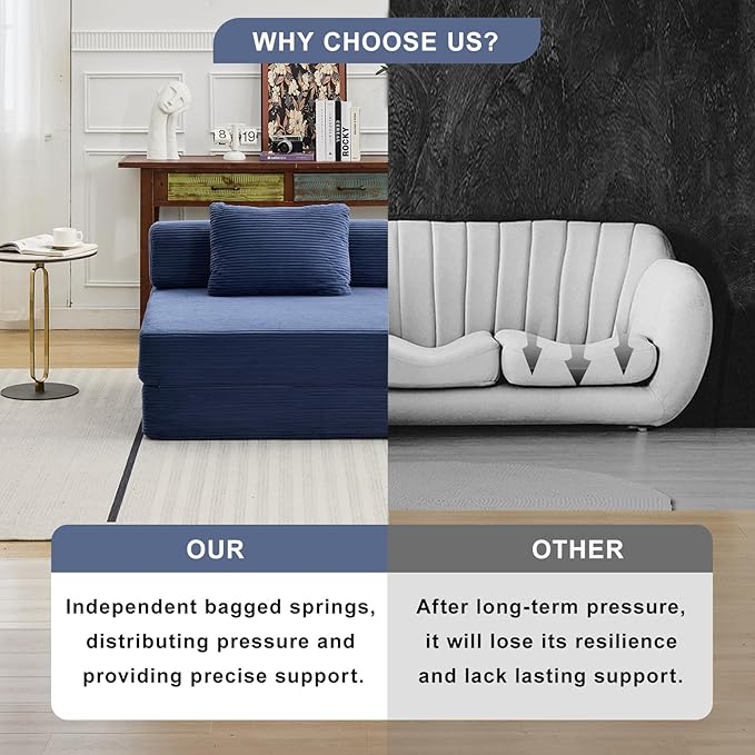 Folding Sofa Bed, Convertible Sleeper Chair with Pillow, Single Sofa with Back Support, Portable Fold Out Chair Cloud Couch Bed, Comfy Floor Sofa Lounge for Living Room Bedroom, Navy Blue