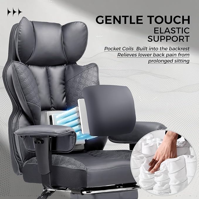COMHOMA Desk Office Chair 400LBS Big and Tall Office Chair Ergonomic Gaming Chair with Wide Seat Leather High Back Chair with Foot Rest Adjustable Armrests Pocket Spring Lumbar Support