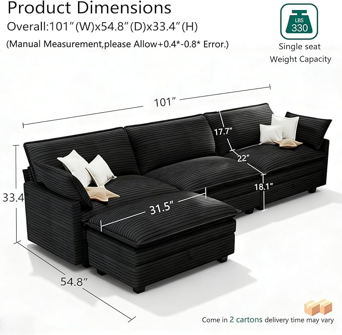 Modular Sectional L Shaped Sofa Couches with Storage Ottoman, Cloud Couch for Living Room, Comfy Sofa with Pillow, Dark Black