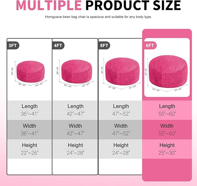Homguava 6 FT Bean Bag Chair,6' Big Bean Bag,Giant Bean Bag Chairs for Adults with Memory Foam Filled,Comfy Large Beanbag Chairs Soft Bean Bag Sofa with Dutch Corded Plush Cover-Pink
