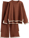 Tanming Women's 2 Piece Outfits Long Sleeve Knit Sweater Top Wide Leg Pants Lounge Sets Tracksuits