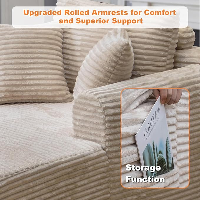Oversized Chaise Lounge Chair Indoor, Upholstered Single 61'' Round Arm Boneless Cloud Sofa Bed Sleeper Couch, No Assembly Faux Rabbit Fur Memory Foam Reading Chair for Living Room Bedroom Beige
