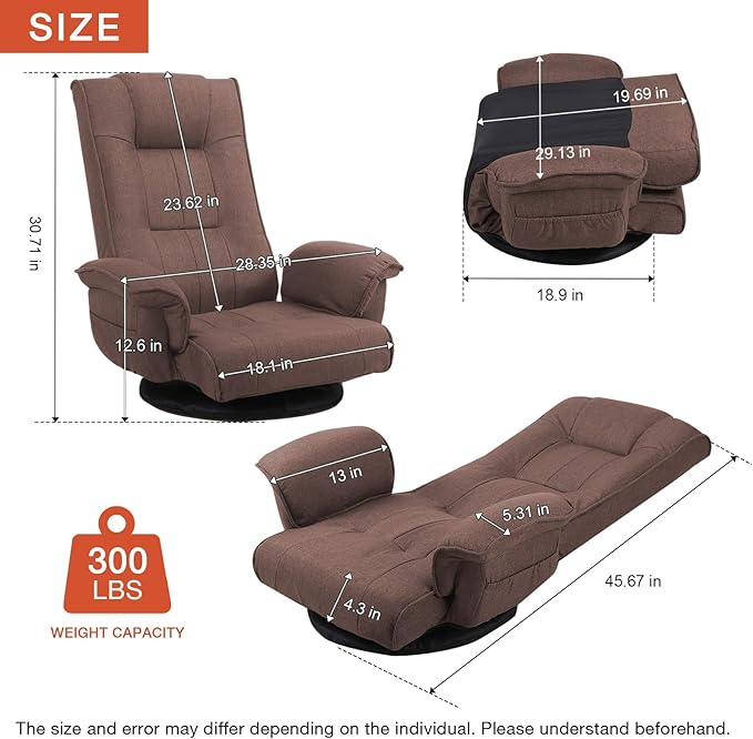 Ergonomic Swivel Floor Gaming Chair with Armrests & Side Pockets, 6-Position Reclining Sofa Bed, Foldable Padded Lounger with Thick Cushion & Lumbar Support for Esports, Reading, TV Watching (Brown)