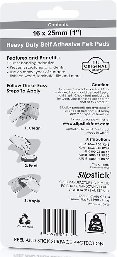Slipstick Premium Wool Felt Furniture Feet Pads/Chair Leg Floor Protectors (1 Inch Round) Includes 16 Wool Blended Felt Feet Pads with Peel and Stick Adhesive, Gray, CB113