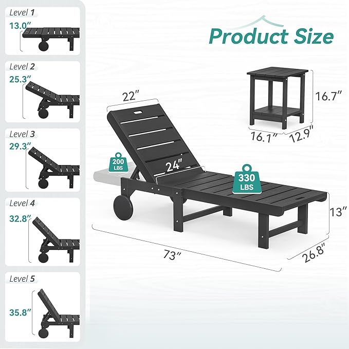 Outdoor Chaise Lounge Chairs with Table, 6-Piece, 26.8” Super Wide Lounge Chair Outdoor, HDPS Pool Chairs with 5 Positions, Patio Lounge Chair with Wheels for Pool,Lawn,Backyard, Black