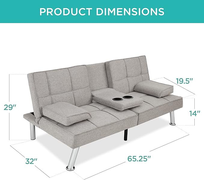 Best Choice Products Linen Modern Folding Futon, Reclining Sofa Bed for Apartment, Dorm w/Removable Armrests, 2 Cupholders - Light Gray