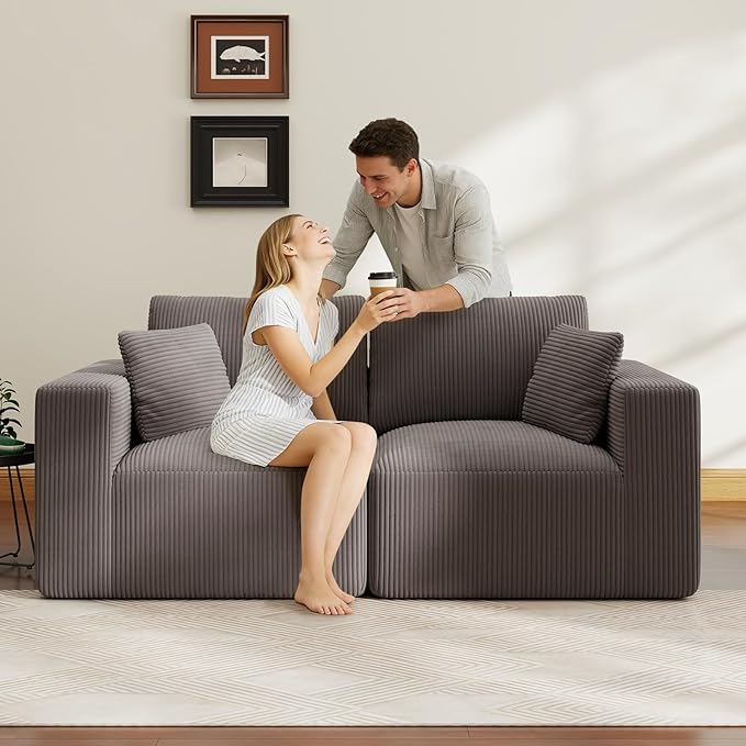 79" Modular Loveseat Cloud Couch, Memory Foam Boneless Double Sofa, Comfy Upholstered Corduroy Frameless Furniture, No Assembly Required Small Couch for Apartment, Living Room, Office House, Grey