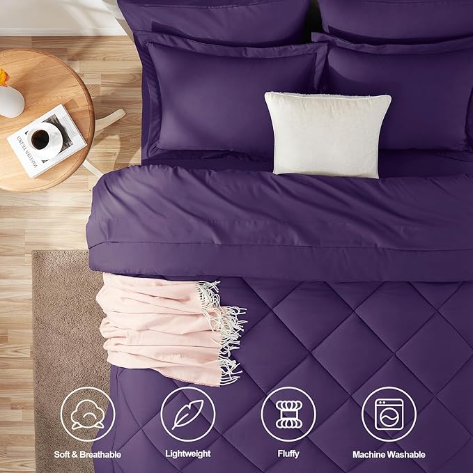 CozyLux King Size Comforter Set Purple - 7 Pieces Bed in a Bag King, Luxury Soft Bed Set for All Seasons, Bedding Set with Down Alternative Comforter, Sheets, Pillowcases & Shams