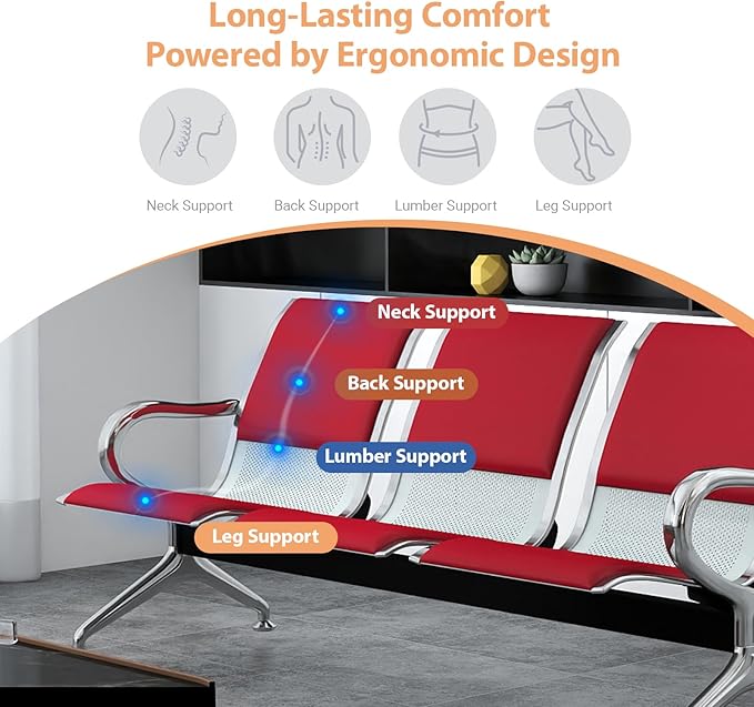 Kinfant 5-Seat Waiting Room Chairs with Arms – Heavy-Duty Steel Frame PU Leather Back & Cushioned Seat, Ergonomic Office Reception Guest Chair for Lobby, Clinic, Airport, Red