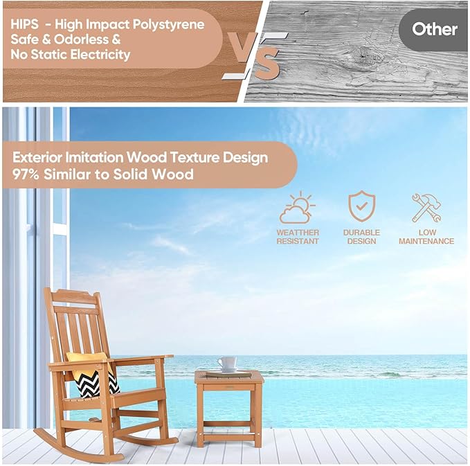 hOmeQomi Rocking Chair, All Weather Resistant Poly Lumber Outdoor Porch Rocker, Rocking Chairs for Outdoor, Indoor, Patio, Deck, Garden, Backyard, Load Bearing 380 lbs - Teak