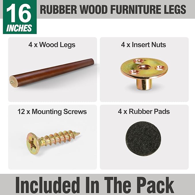 FoDau770 Brown Rubber Wood Furniture Legs 16 Inches, Slant Tapered Wood Feet Mid Century Sofa Legs Set of 4, 5/16" UNC Furniture Feet Replacement Parts for Cabinet Couch Dresser Chair Ottoman Table